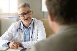 handsome doctor wearing glasses speaking with patient