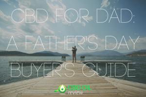 Graphic lettering of "CBD FOR DAD: A FATHER'S DAY BUYER'S GUIDE" superimposed over an image of a father standing in the docks carrying a child