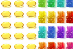 Neat rows and columns of cbd gummy bears and capsules